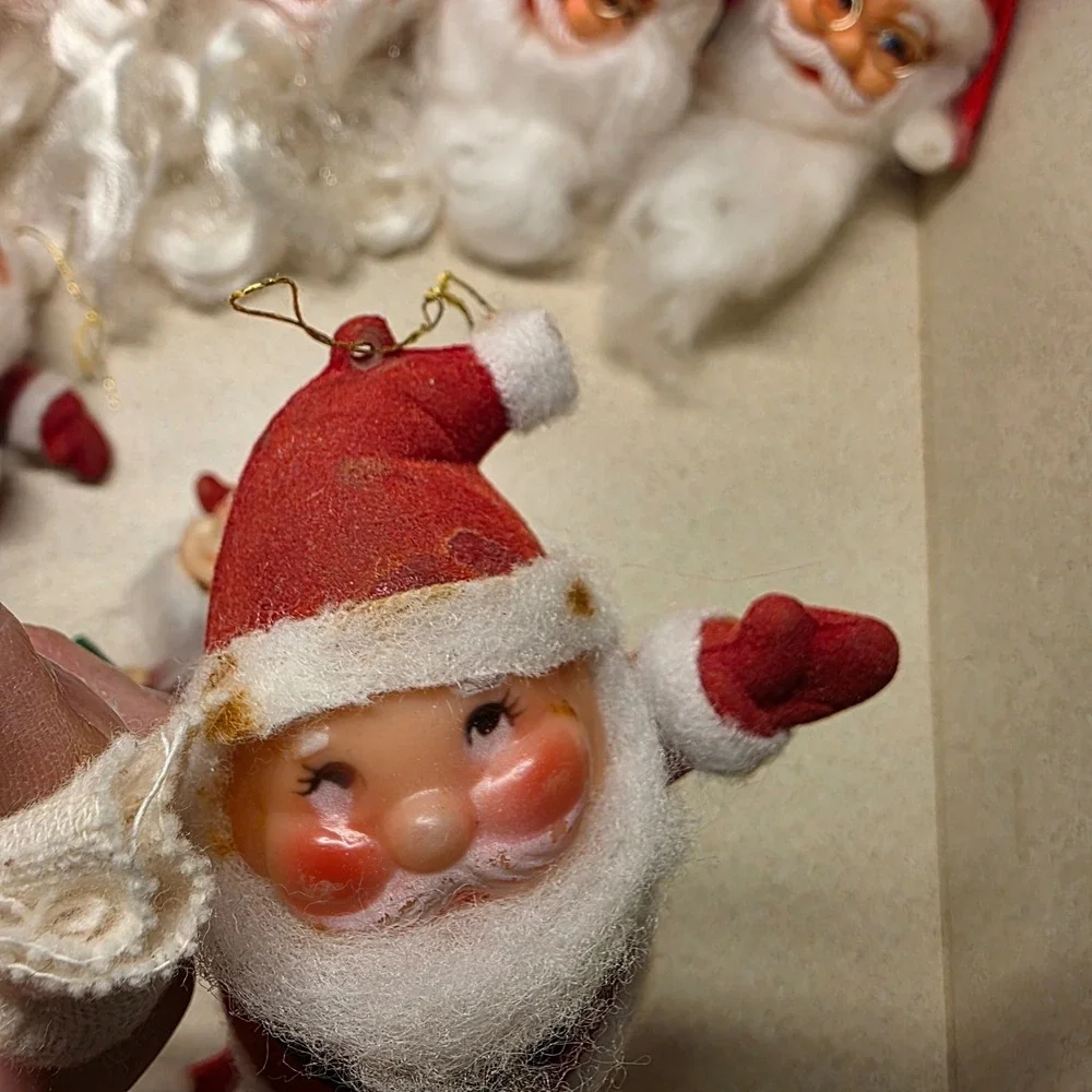 Lot of Vintage Santa Christmas Ornaments 9pc Red White Mid Century Retro, Rubber